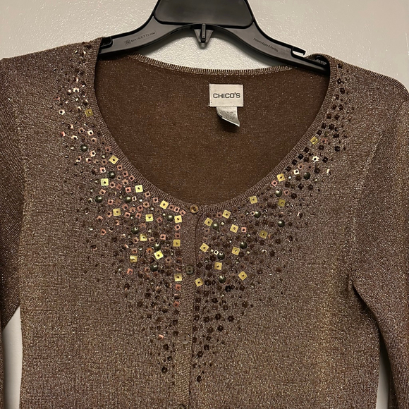 Women's Chico's Gold Brown Sequin Cardigan Sweater Size 0 longline long sleeve - Picture 9 of 12